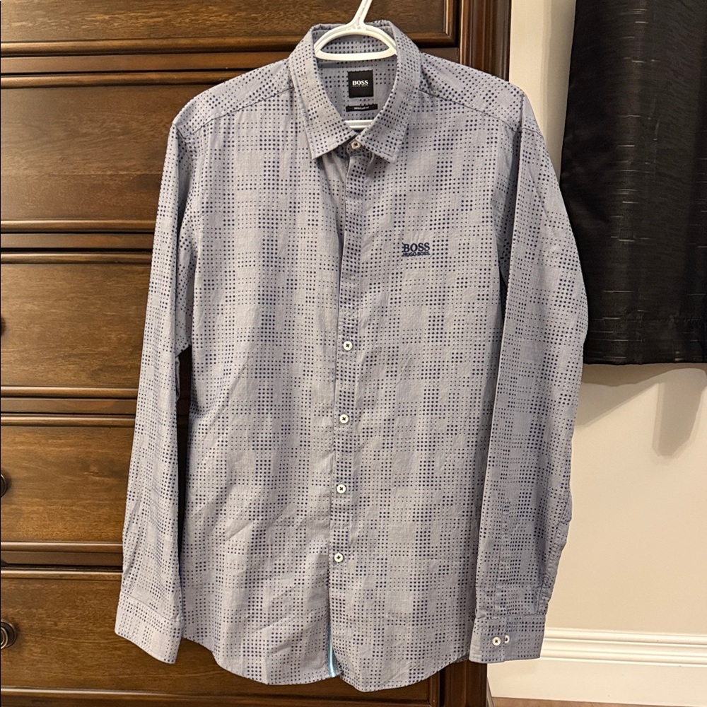 Boss Men's Gray Checkered Button Down Shirt